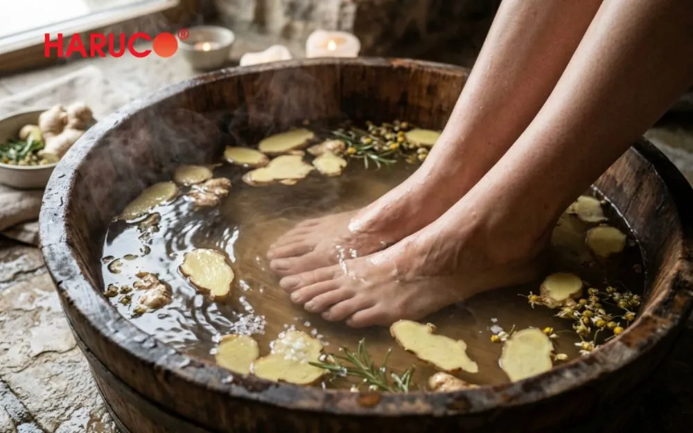 Ngâm chân với gừng tươi giúp làm ấm cơ thể từ bên trong