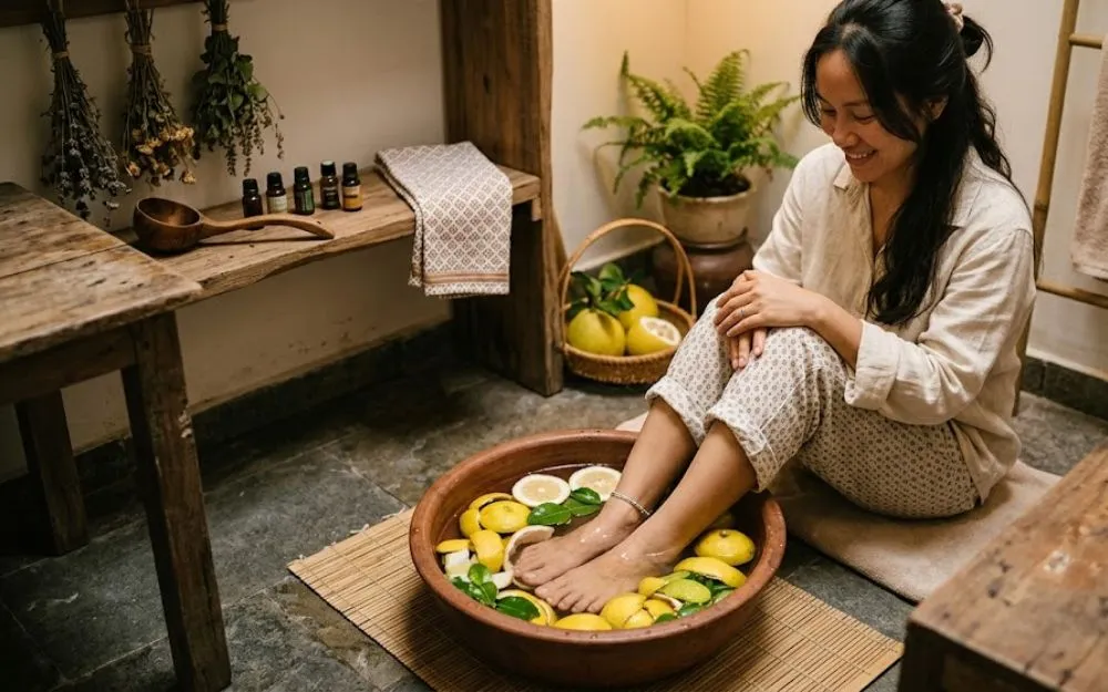 Ngâm chân với vỏ bưởi giúp làm mềm da chân, giảm nứt nẻ gót chân
