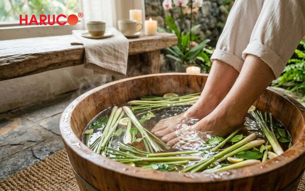 Ngâm chân bằng nước sả giúp loại bỏ mùi hôi chân