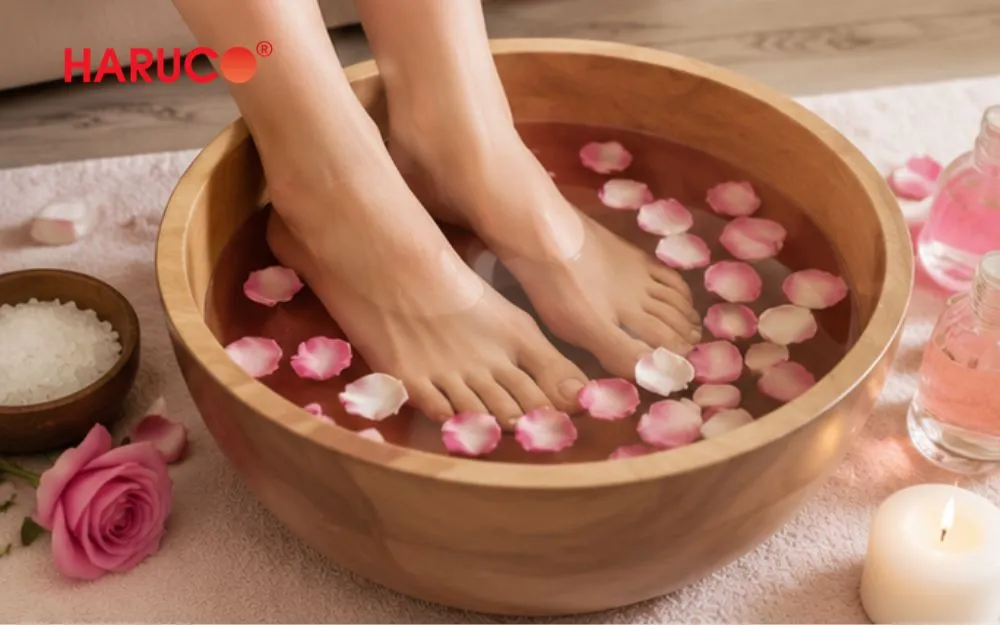 Ngâm chân nước nóng sử dụng nước ấm ở một nhiệt độ thích hợp để ngâm đôi bàn chân