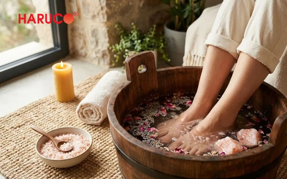 Ngâm chân với các loại thảo dược hoặc muối hạt để tăng hiệu quả