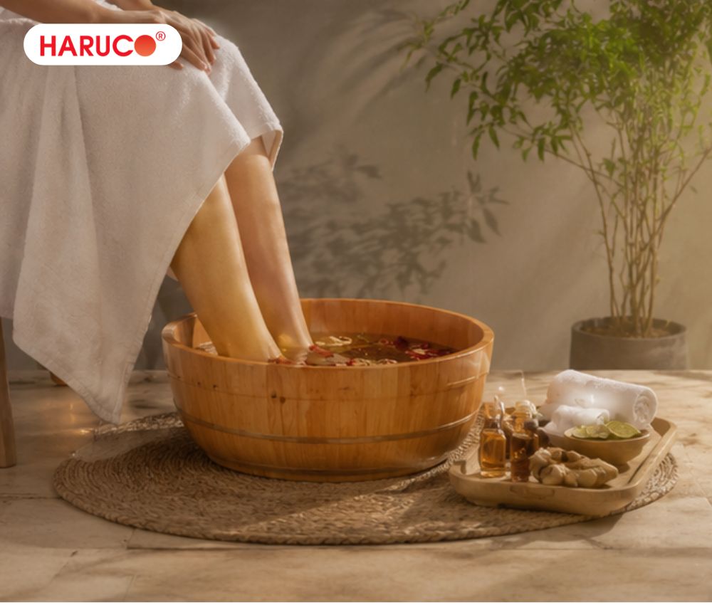 Ngâm chân với gừng tươi giúp tán hàn, giữ ấm cơ thể