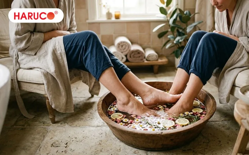 Ngâm chân giúp làm mềm lớp sừng và da chết ở gót chân