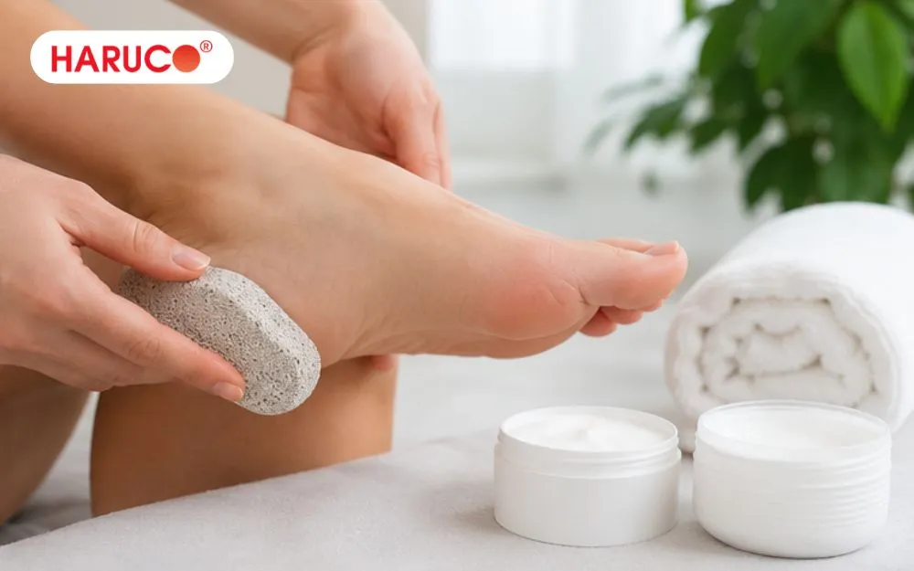 Dưỡng ẩm gót chân và tẩy tế bào chết định kỳ