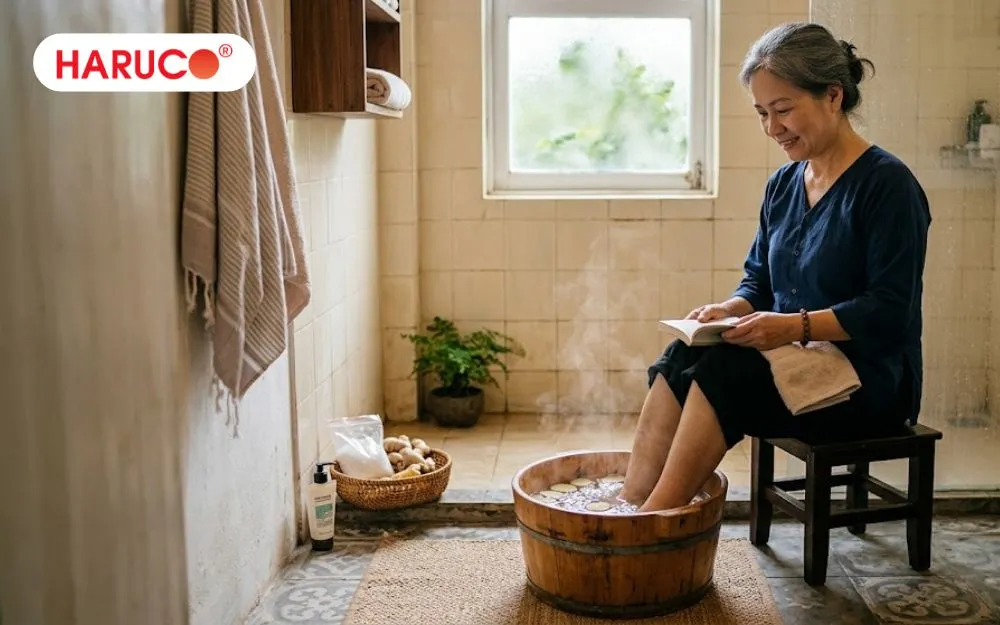 Sau khi tắm xong và lau khô người, bạn ngồi thoải mái trên ghế và ngâm chân