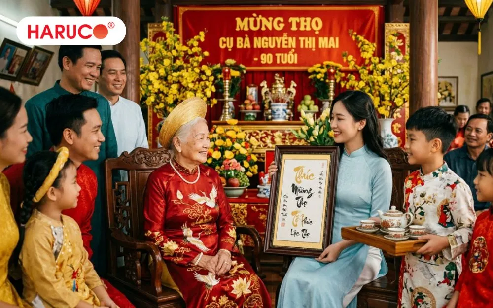 Tranh thư pháp chữ Thọ được thêu tay tỉ mỉ là món quà mừng thọ cụ bà 90 tuổi ý nghĩa