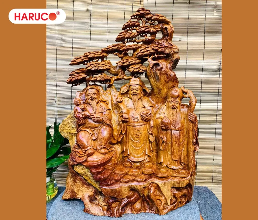 Bộ tượng Tam Đa Phúc - Lộc - Thọ bằng gỗ là vật phẩm phong thủy mang năng lượng tích cực