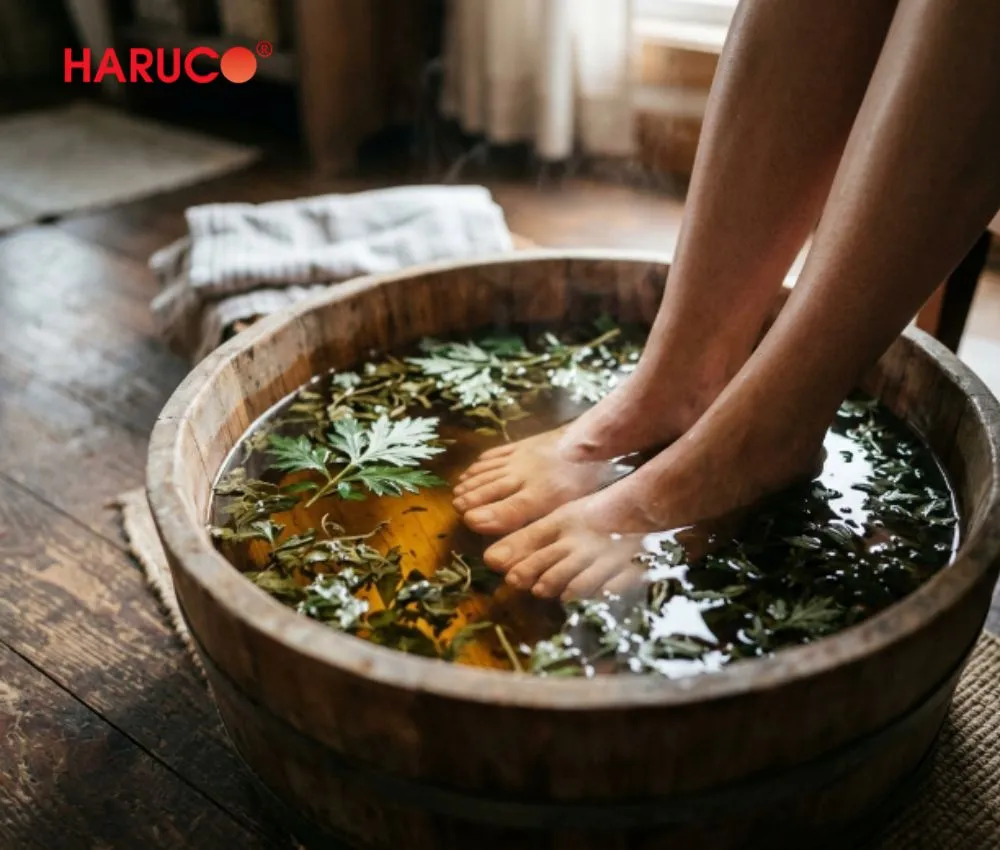 Ngâm chân với lá ngải cứu giúp thông kinh hoạt lạc