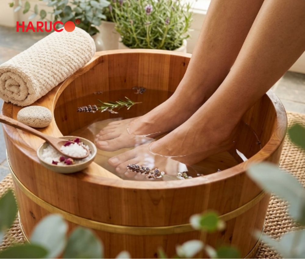 Tác dụng của ngâm chân nước nóng là giúp chăm sóc da chân mềm mại
