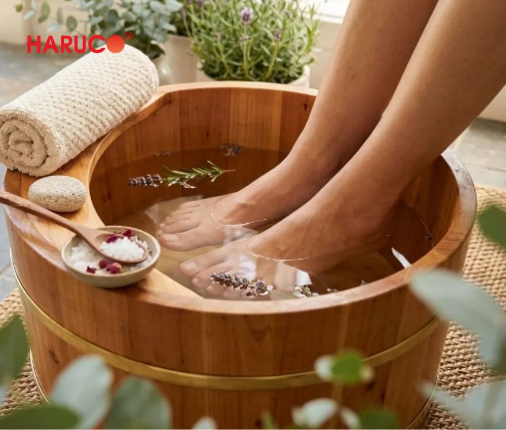 Tác dụng của ngâm chân nước nóng là giúp chăm sóc da chân mềm mại