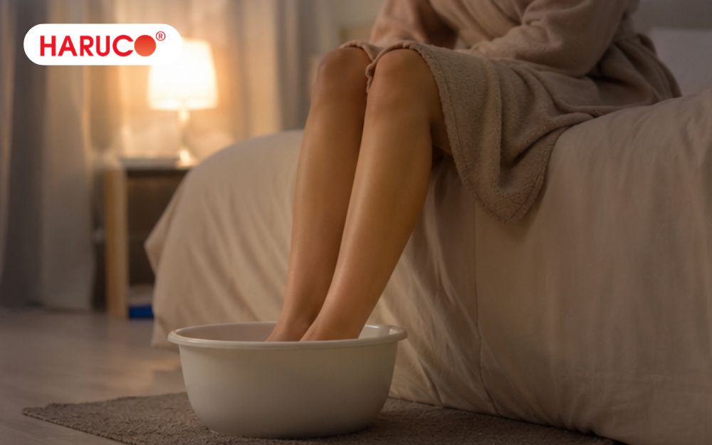 Ngồi thoải mái, thả lỏng toàn thân và từ từ đặt hai bàn chân vào chậu nước