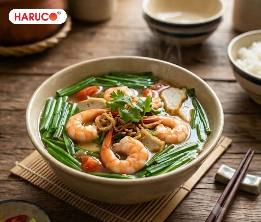 Canh hẹ nấu tôm có vị ngọt tự nhiên, rất giàu dinh dưỡng
