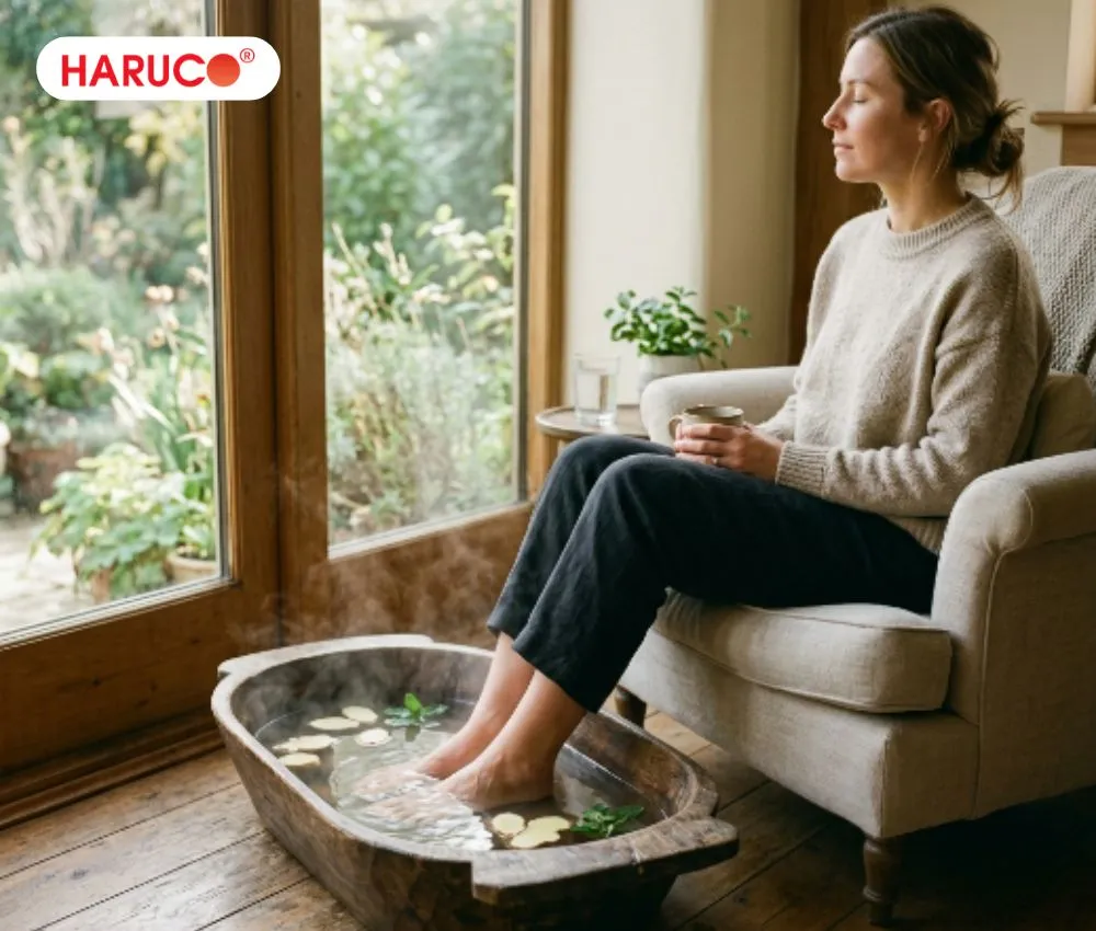 Ngâm chân nước gừng góp phần cải thiện cảm giác tê cứng hoặc lạnh chân ở một số người
