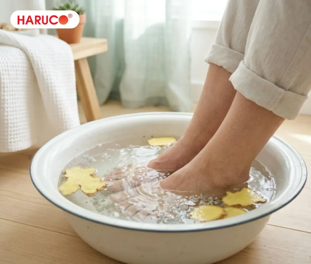Ngâm chân nước gừng hỗ trợ giảm đau nhức cơ và xương khớp