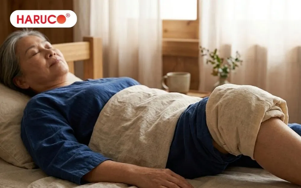 Đặt túi chườm bao quanh khớp gối để giảm đau buốt
