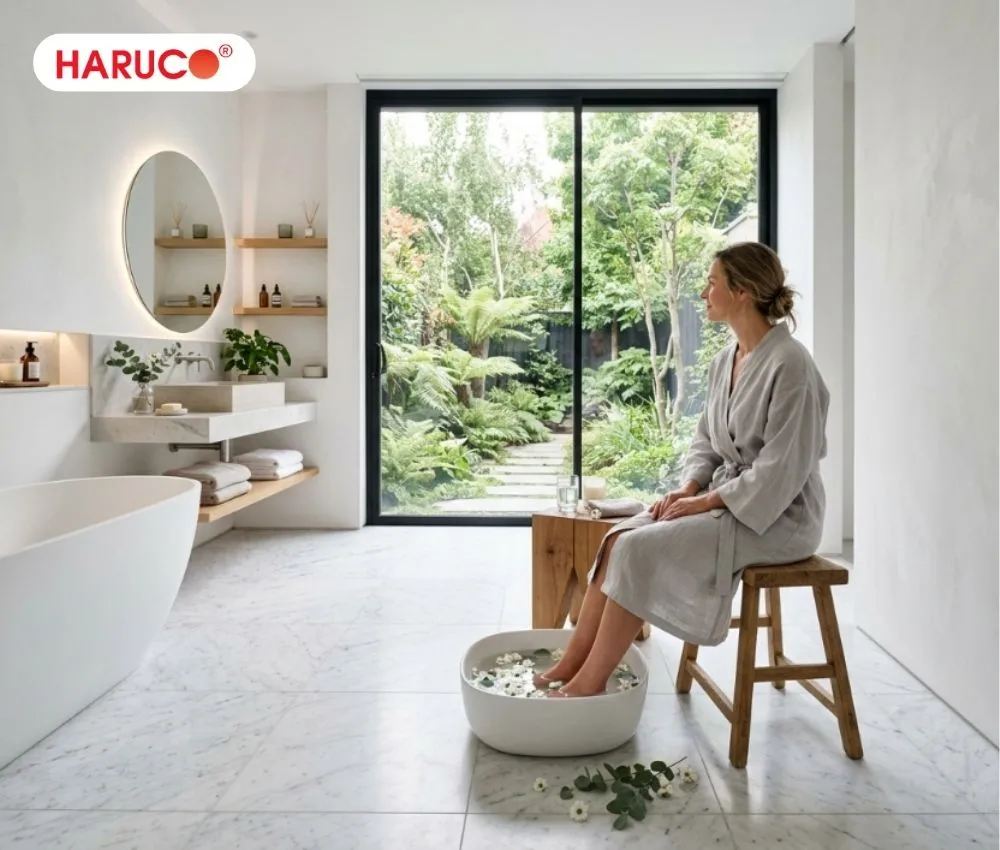Bạn nên sử dụng nước ngâm chân có nhiệt độ khoảng 38–43°C