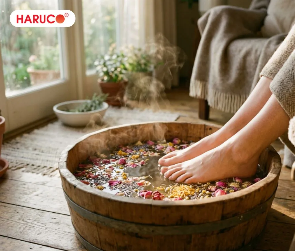 Ngâm chân buổi sáng giúp lớp tế bào chết mềm đi, chăm sóc da bàn chân