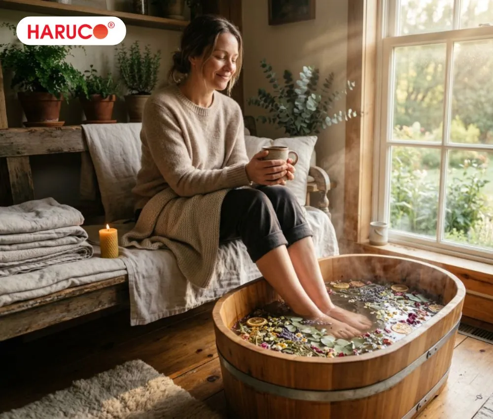 Bạn nên uống một cốc nước ấm rồi mới tiến hành ngâm chân