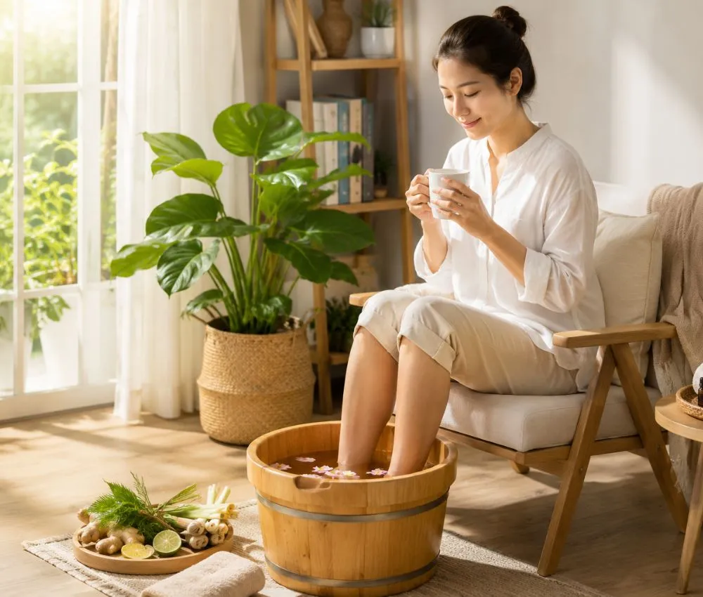 Kết hợp ngâm chân cùng một vài động tác massage nhẹ có thể giúp giảm trạng thái uể oải buổi sáng