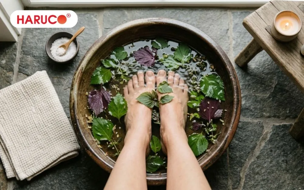 Ngâm chân với lá tía tô và muối hạt giảm mùi hôi chân và sưng phù nề chân