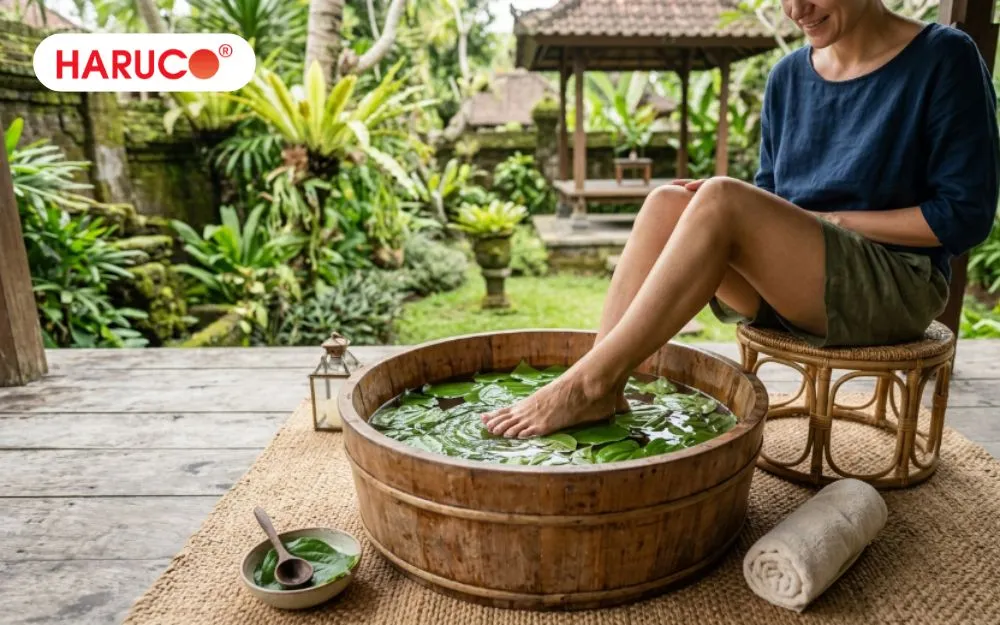 Ngâm chân lá trầu không giúp thư giãn, giảm mệt mỏi sau một ngày vận động