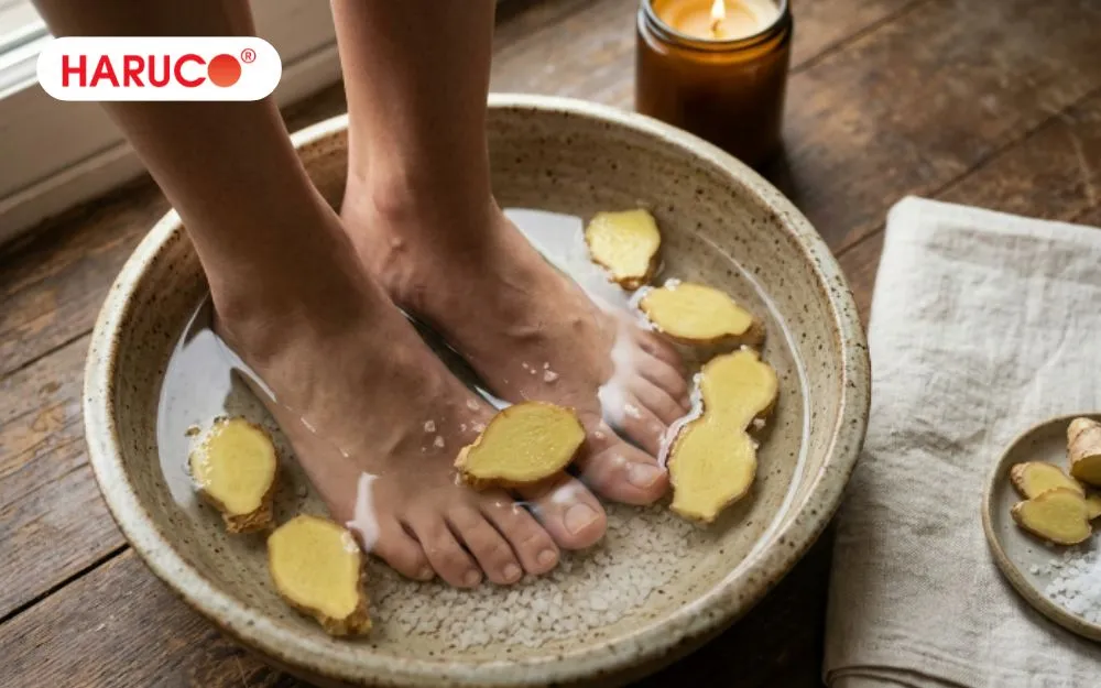 Ngâm chân muối hột và gừng giúp làm sạch và chăm sóc da bàn chân