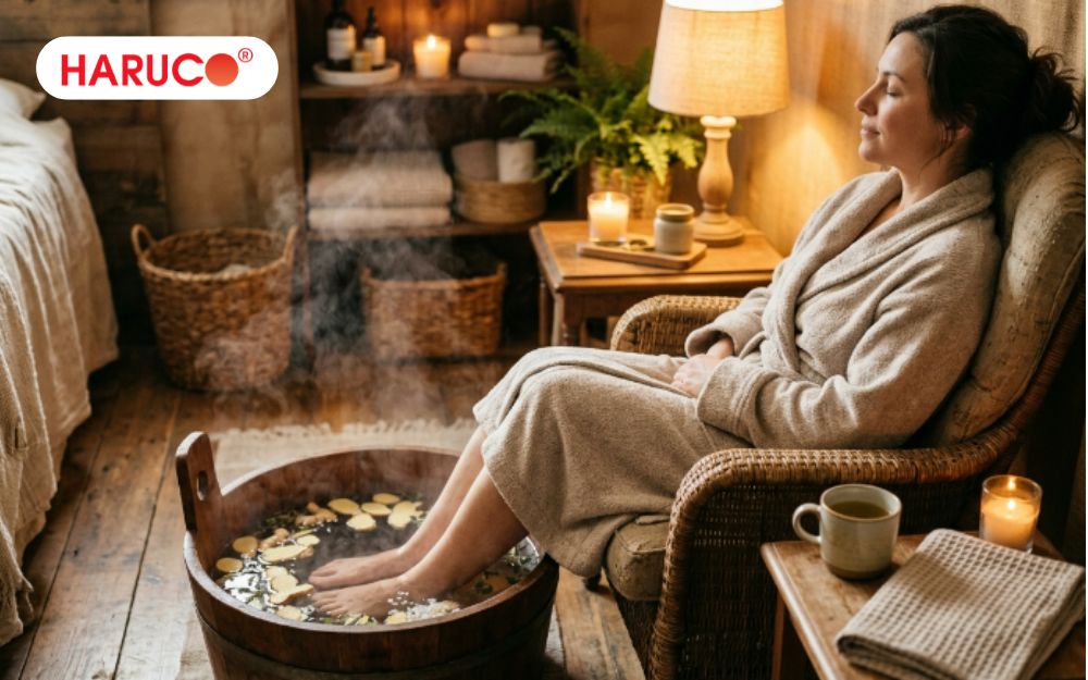Ngâm chân muối hột và gừng hỗ trợ thư giãn, giảm căng thẳng