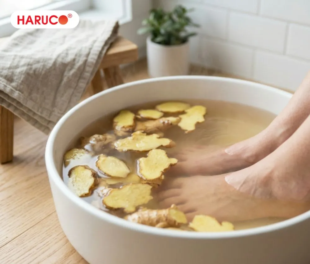 Ngâm chân với gừng và tinh dầu thiên nhiên giúp tăng cường trải nghiệm thư giãn
