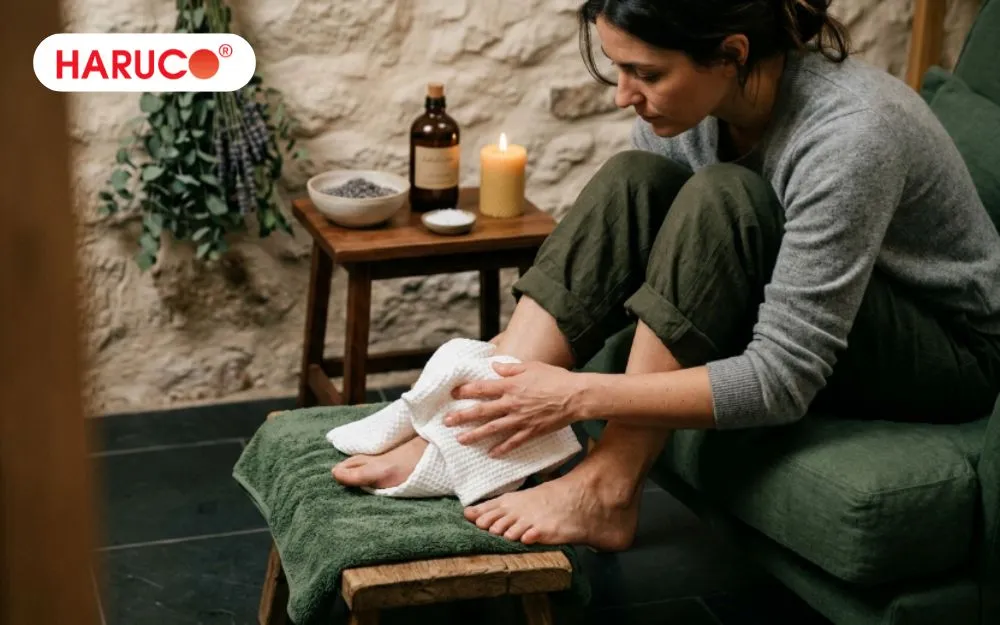 Sau khi ngâm xong, bạn nên dùng khăn bông sạch lau thật khô chân