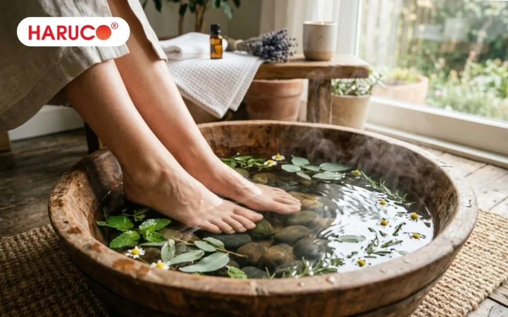 Ngồi ngâm chân thoải mái trên ghế có tựa lưng, thả lỏng toàn thân