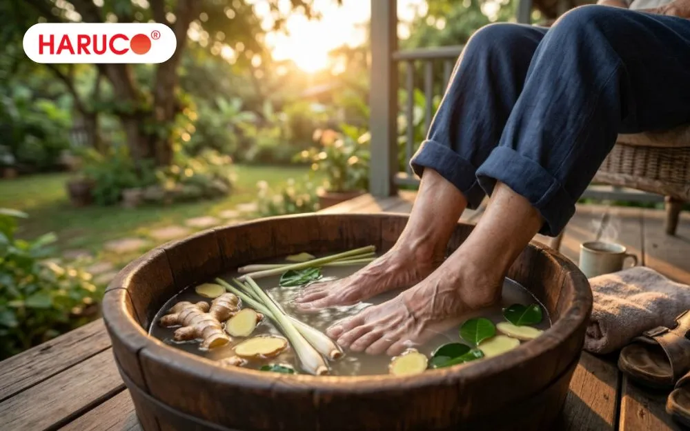 Ngâm chân nước gừng giúp hỗ trợ lưu thông tuần hoàn máu