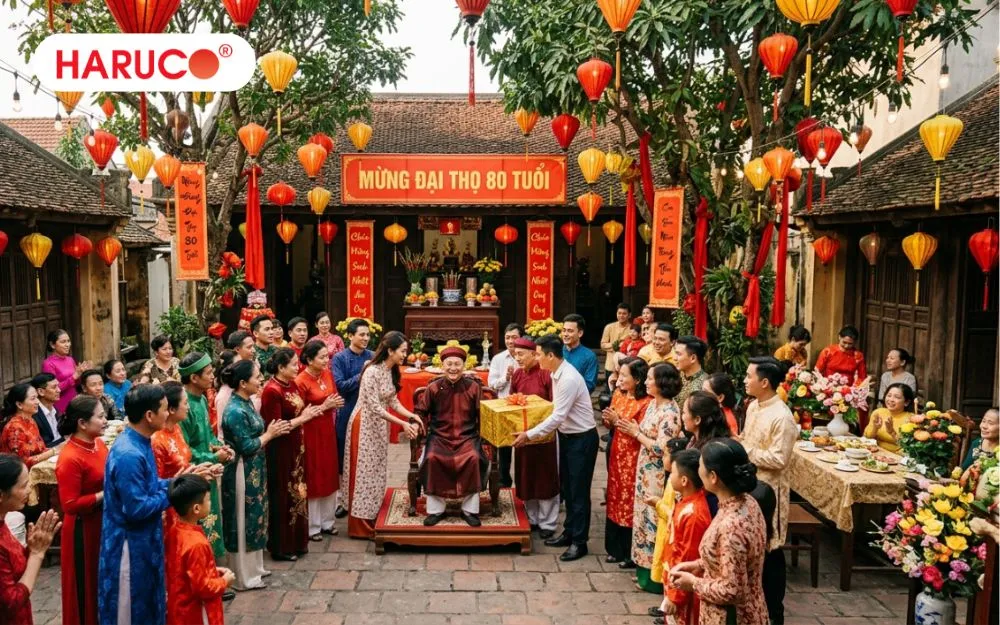 Tiệc mừng thọ ấm cúng, con cháu sum vầy là món quà mừng thọ cụ ông 80 tuổi vô giá