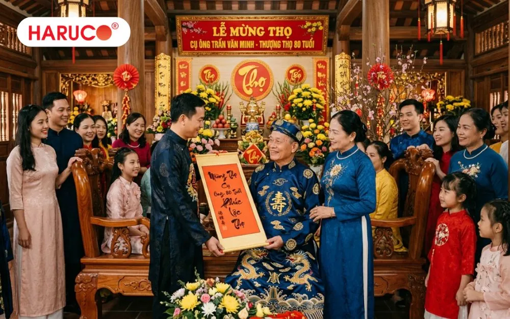 Một bức tranh thư pháp chữ Thọ là món quà biểu tượng không thể thiếu trong lễ mừng thọ