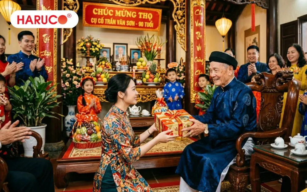 Trao quà mừng thọ cụ ông 90 tuổi trong không khí sum họp gia đình