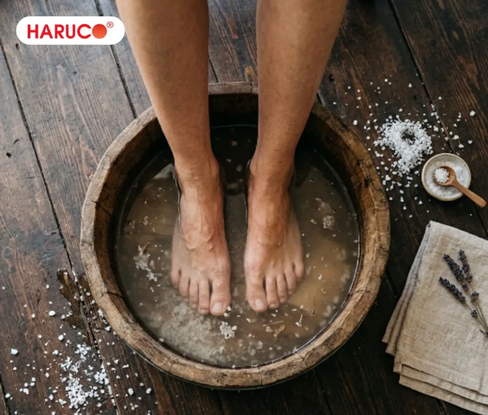 Tác hại của ngâm chân nước muối là gây mất nước cho da khi thực hiện quá thường xuyên