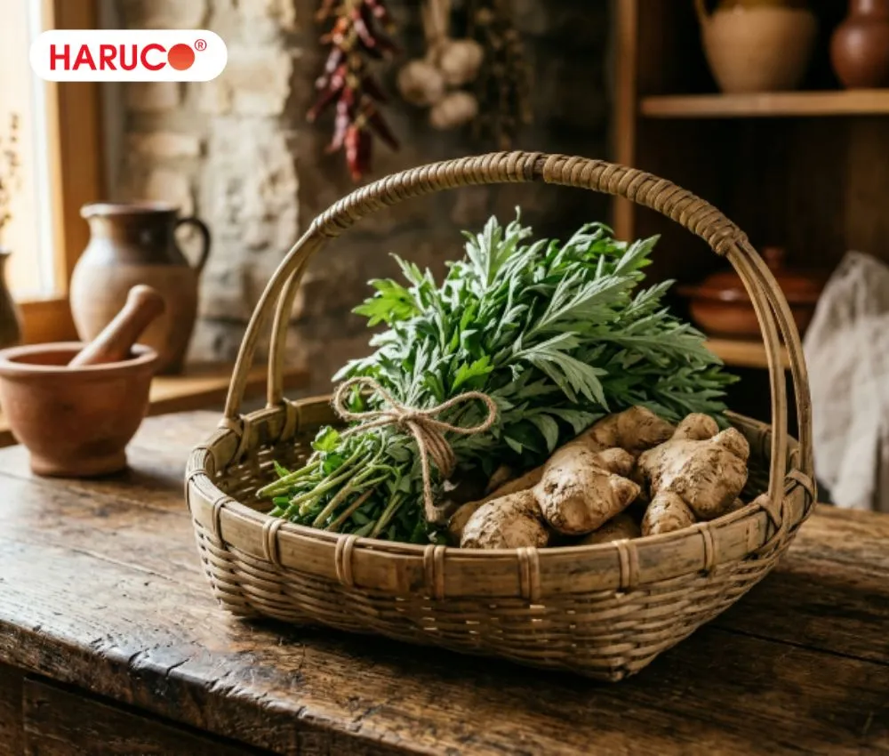 Sơ chế nguyên liệu thật kỹ trước khi nấu nước uống ngải cứu với gừng