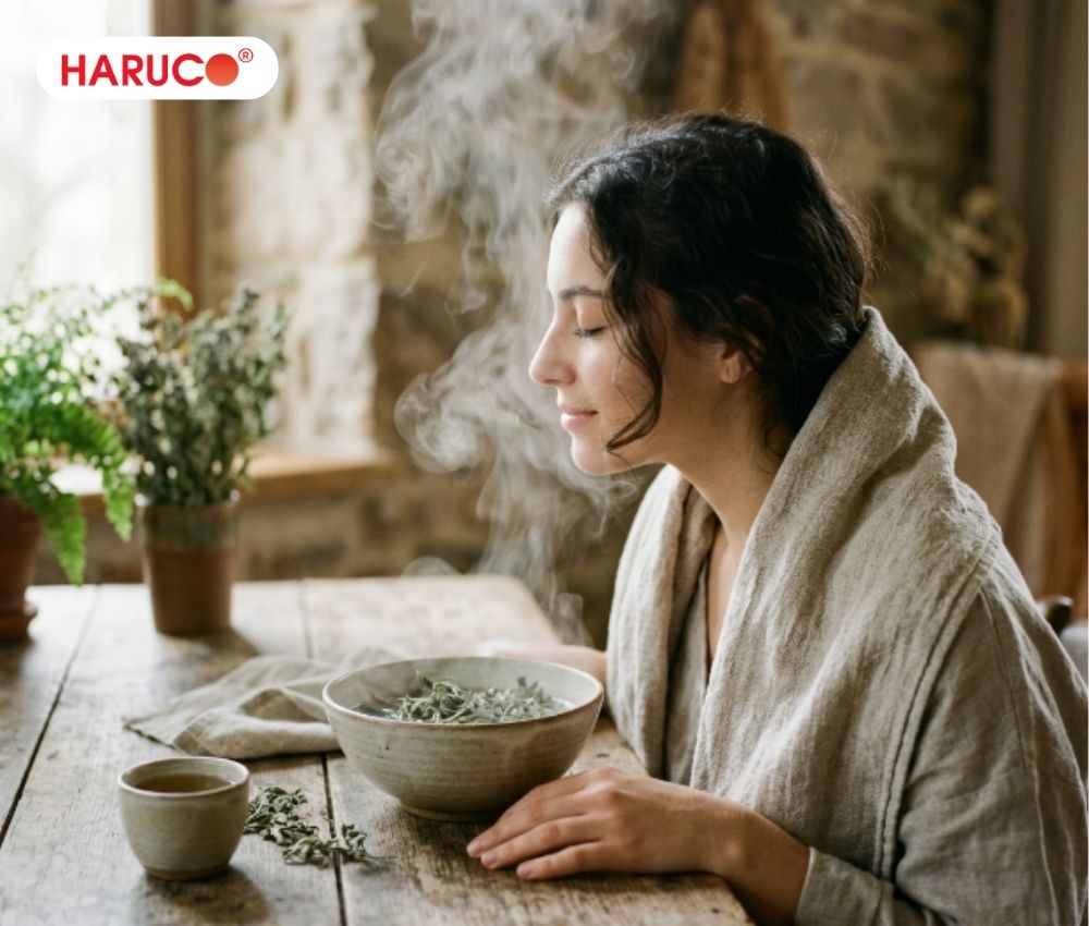 Xông mặt bằng lá ngải cứu và lá tía tô