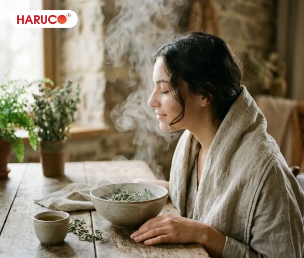 Xông mặt bằng lá ngải cứu và lá tía tô