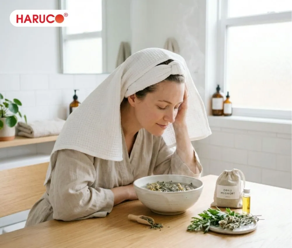 Xông mặt với lá ngải cứu giúp da thư giãn, loại bỏ bụi bẩn từ sâu bên trong