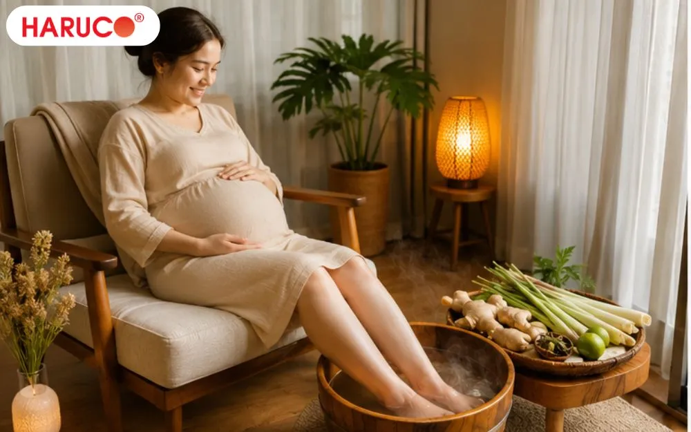 Mẹ bầu ngồi trên ghế tựa thoải mái, lưng tựa thẳng, ngâm hai chân thả lỏng hoàn toàn