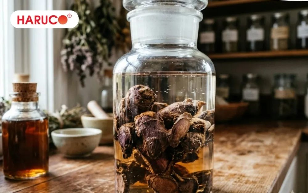 Gừng đen ngâm rượu có tác dụng chữa đau đầu, mất ngủ