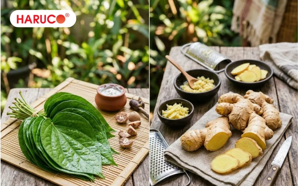 Khi kết hợp lá lốt với gừng, đặc tính tạo cảm giác ấm của hai nguyên liệu có thể bổ trợ cho nhau