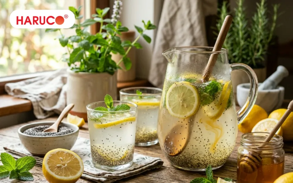 Uống một ly nước chanh mật ong hạt chia vào buổi sáng giúp khởi động hệ tiêu hóa